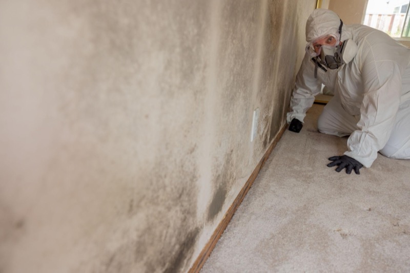 Close-up of mold staining behind drywall revealed during a hidden mold inspection in an Anaheim home